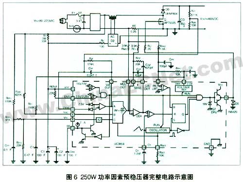 uc3854可控功率因数校正电路设计_电路图分享 上期杂志介绍了用于功率因数校正的升压型预稳压器的概念与设计以及uc3854的结构图,本期和下期杂志将给出功率因数校正电路的详细设计流程。 设计流程 功率级设计 图6中,我们将使用一个 250 w的升压转换器来作为功率级的设计范例。升压功因校正器的控制电路几乎与转换器的功率级无关,一个 5000 w的功因校正器,其控制电路和 50 w的校正器几乎一样。 虽然功率级有所差异,但所有功因校正器的电路设计过程将会相同。由于设计过程相同而且功率级可扩展,所以 250 w的校正器是一个很好的类推范例,可以类推到更高
