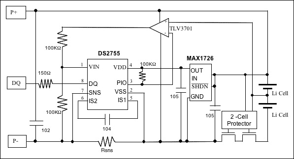介绍 DS2755高精度电池电量计的工作电压范围适合于单节锂离子/聚合物电池,或2到3节镍氢电池组。但是,还有很多应用需要更多节的串连电池组。只要将多节电池的电压降到一个适当的水平,DS2755仍能在这些应用中用作电量计IC。采用这种方法后,DS2755的所有功能仍然有效,包括快照模式、可编程中断、温度/电压/电流测量、电流累计(库仑计数)、96字节EEPROM及1-Wire通信接口等。 概述 正如应用笔记Lithium-Ion Fuel Gauging with Dallas Semiconductor