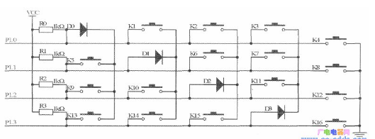 51单片机4个I/O口实现16个键盘原理的设计